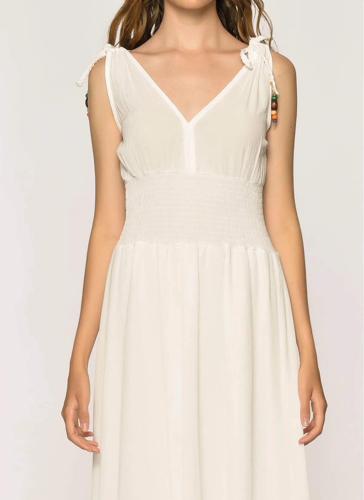 13545 Ecru Elastic Waist Crinkle Dress