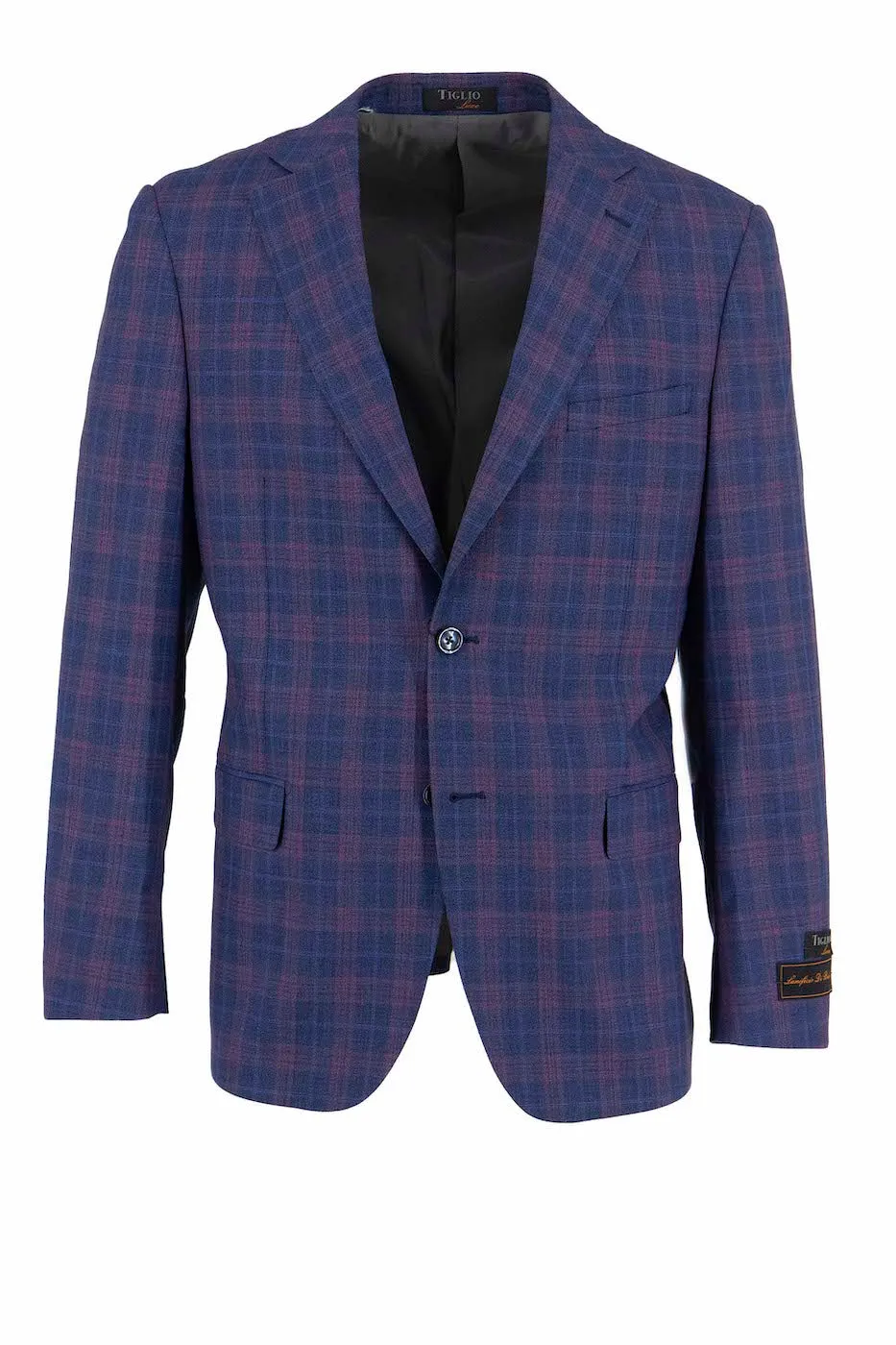 Blue with Light Red Windowpane Dolcetto Modern Fit, Pure Wool Jacket by Tiglio Luxe