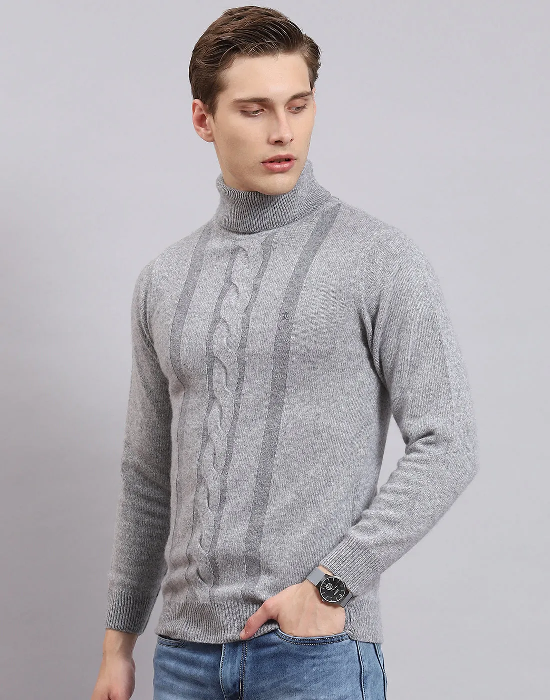 Men Grey Self Design H Neck Full Sleeve Sweater