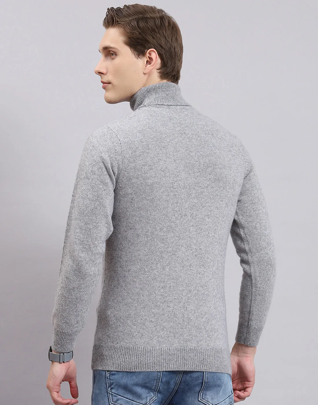 Men Grey Self Design H Neck Full Sleeve Sweater
