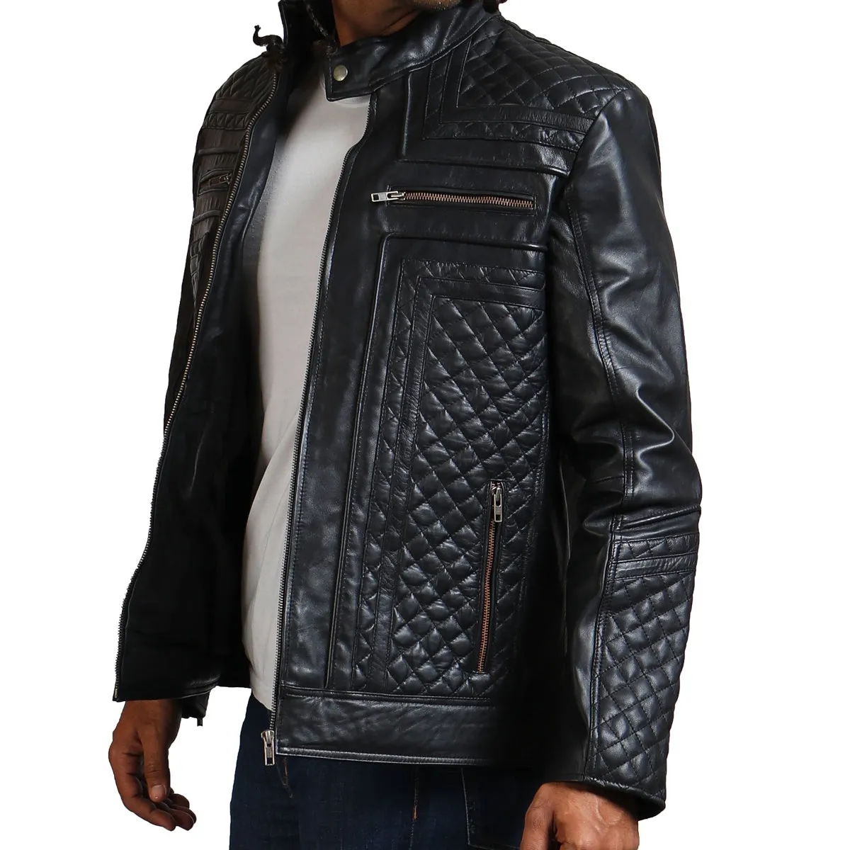 Men's Black Leather Jacket Diamond Quilted Design