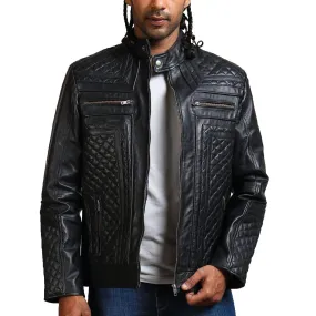Men's Black Leather Jacket Diamond Quilted Design