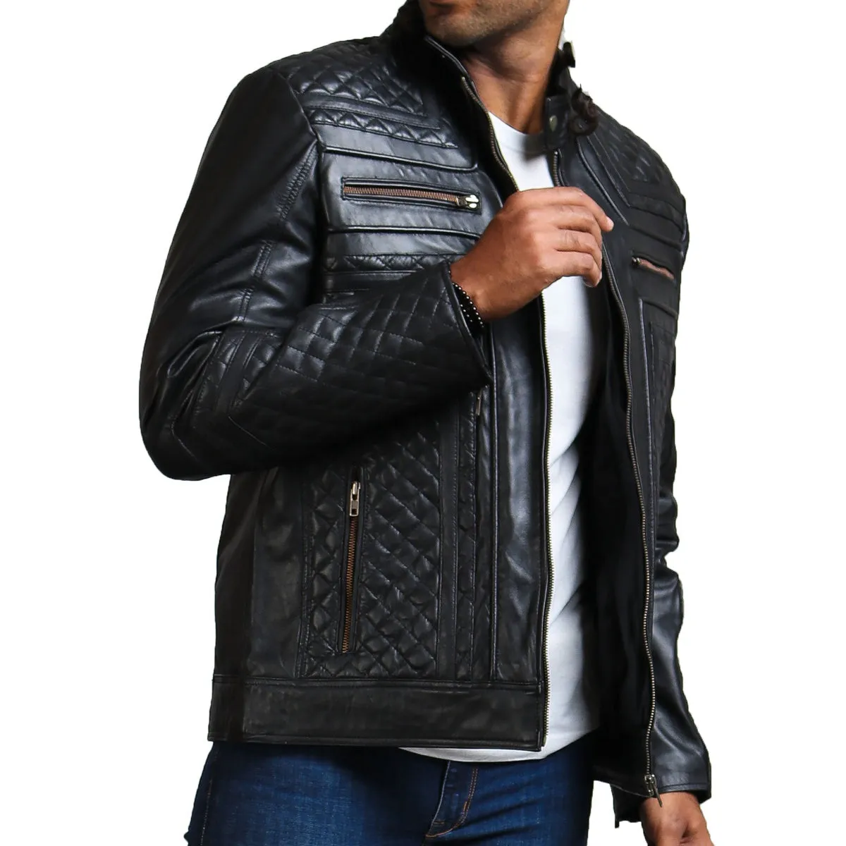 Men's Black Leather Jacket Diamond Quilted Design