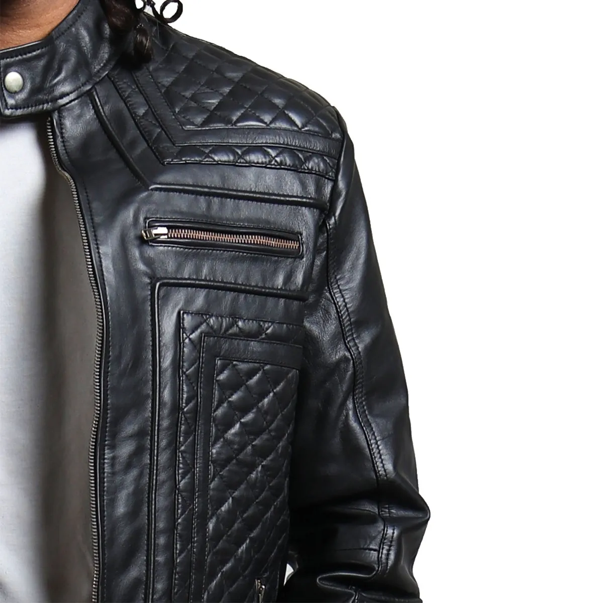 Men's Black Leather Jacket Diamond Quilted Design