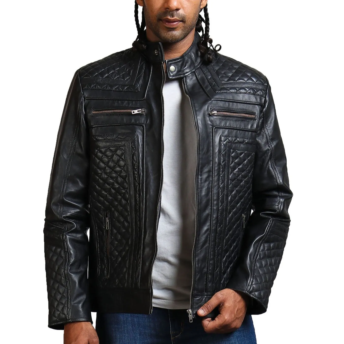 Men's Black Leather Jacket Diamond Quilted Design