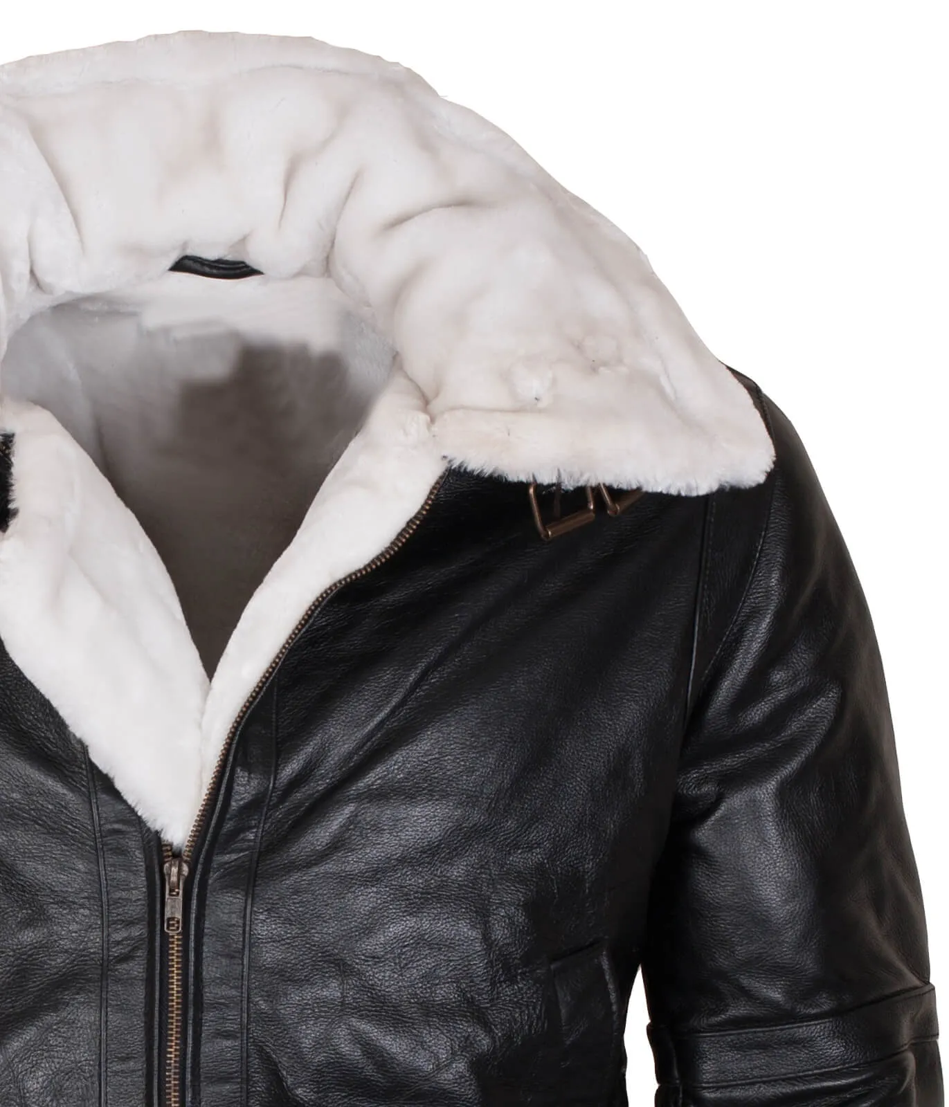 Men’s Black Shearling B3 Bomber Jacket with Hood and White Fur Trim