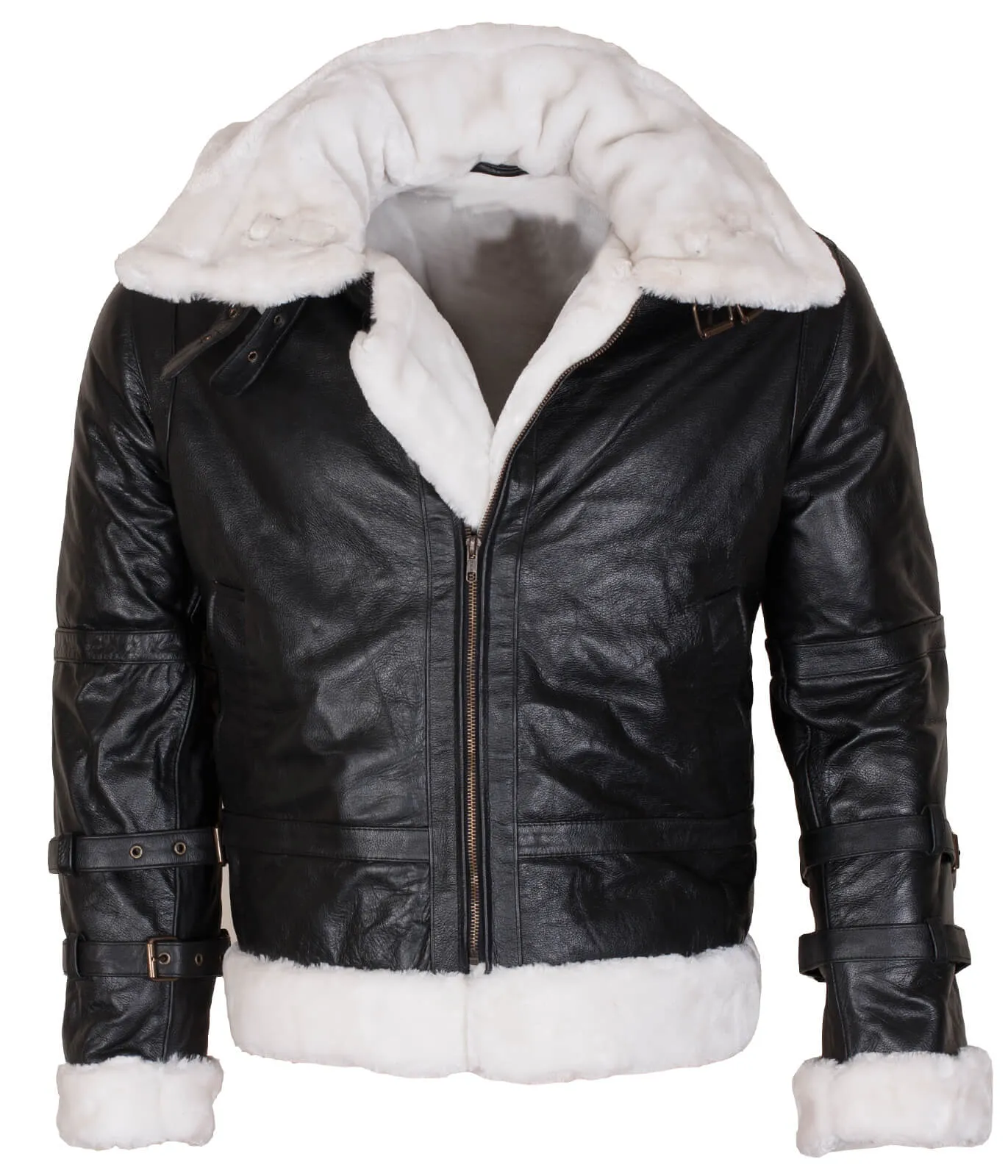 Men’s Black Shearling B3 Bomber Jacket with Hood and White Fur Trim