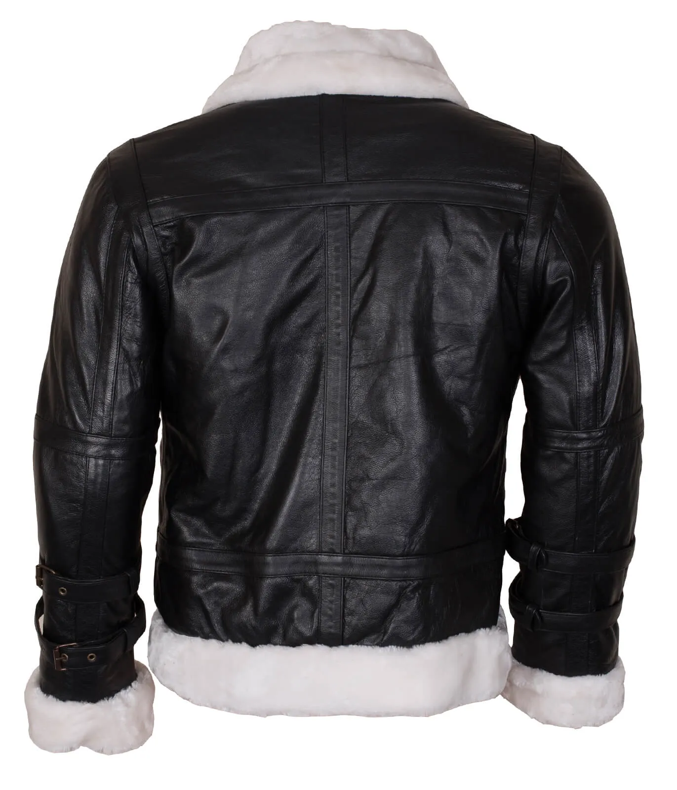 Men’s Black Shearling B3 Bomber Jacket with Hood and White Fur Trim