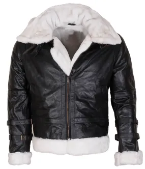 Men’s Black Shearling B3 Bomber Jacket with Hood and White Fur Trim