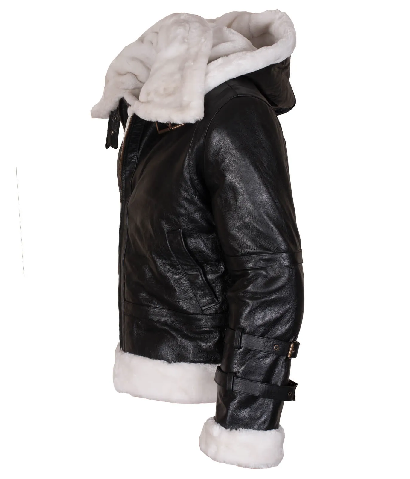 Men’s Black Shearling B3 Bomber Jacket with Hood and White Fur Trim