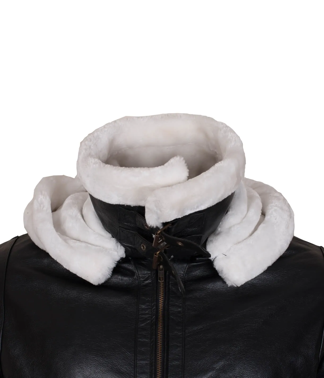Men’s Black Shearling B3 Bomber Jacket with Hood and White Fur Trim