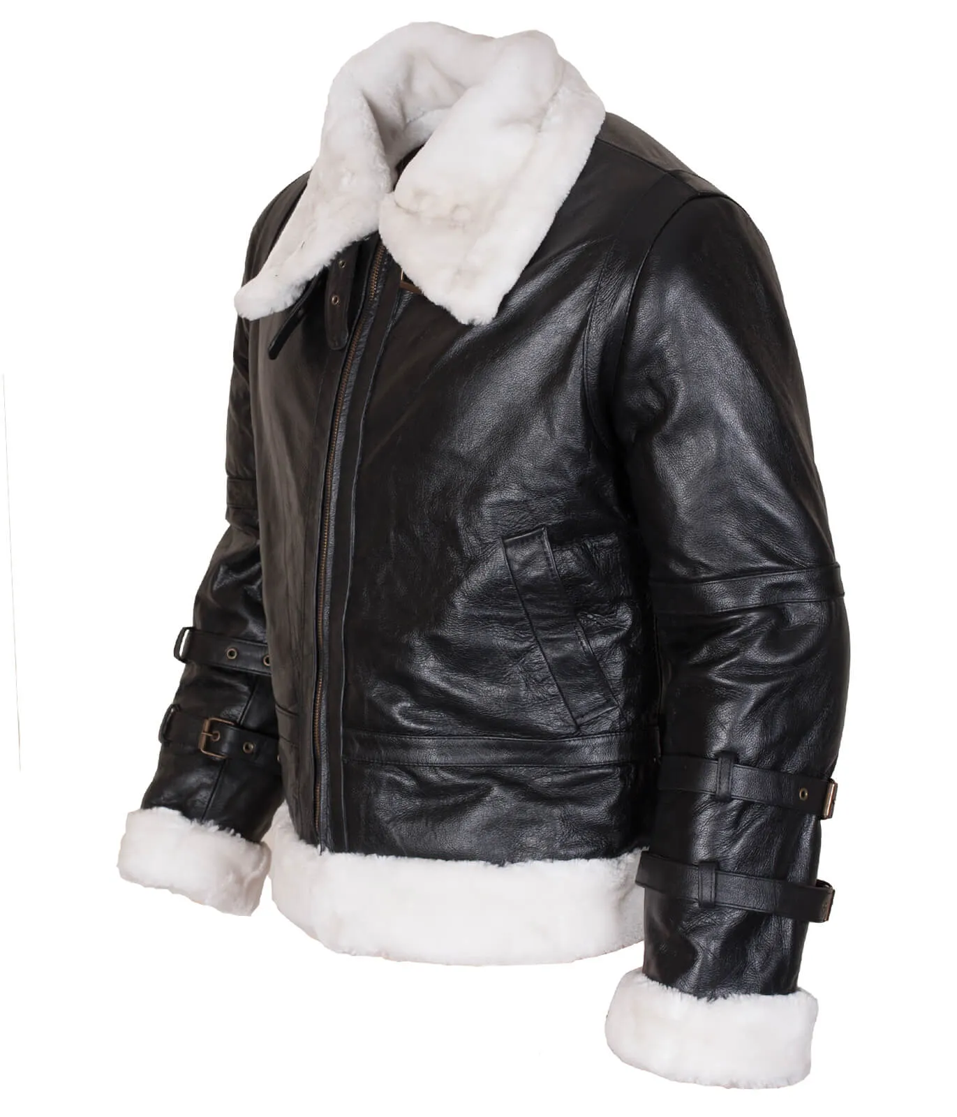 Men’s Black Shearling B3 Bomber Jacket with Hood and White Fur Trim