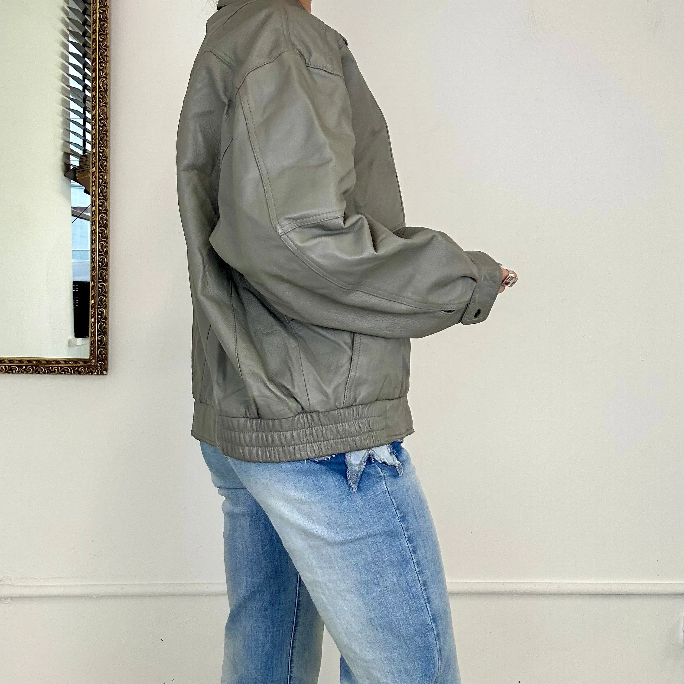 vintage grey leather bomber jacket