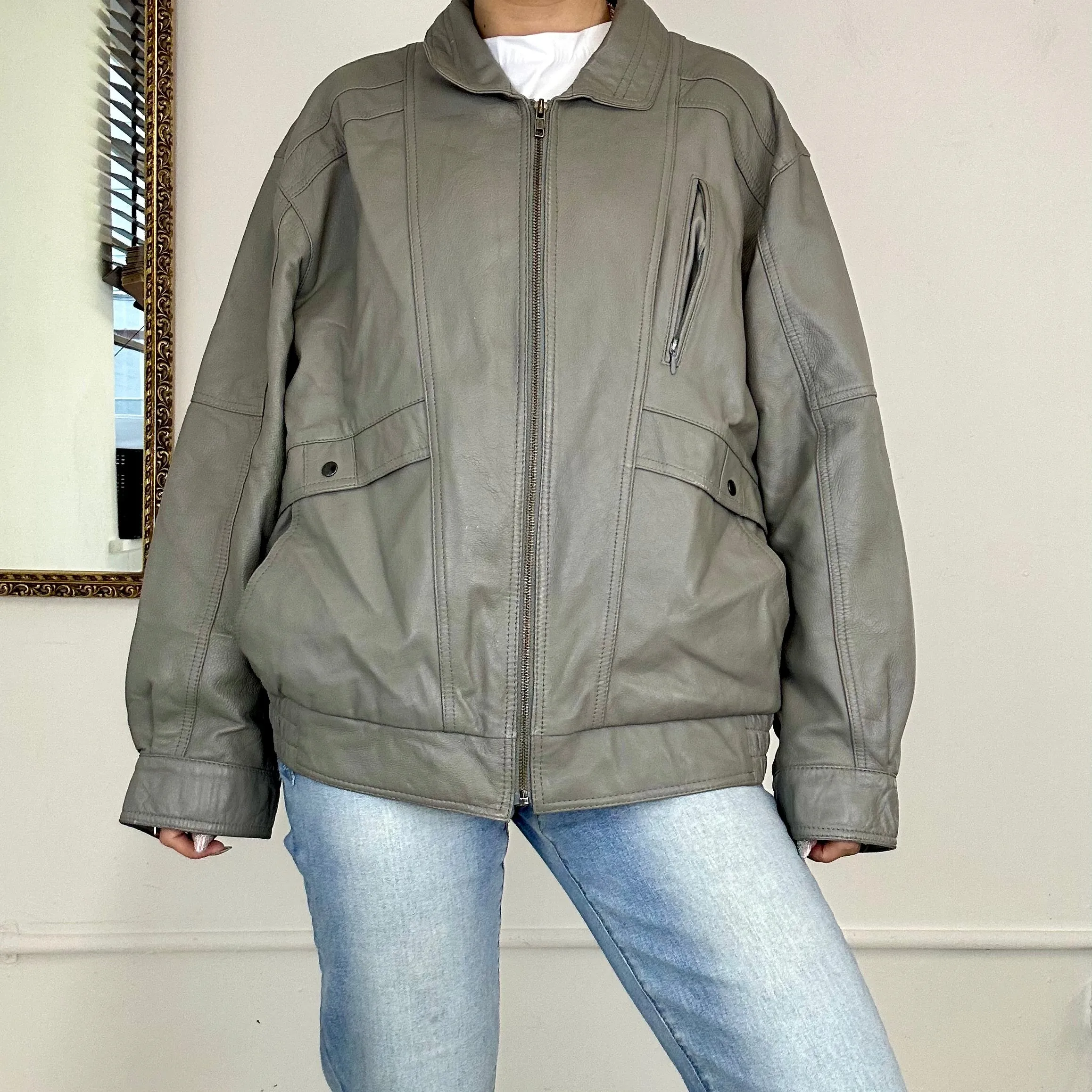 vintage grey leather bomber jacket
