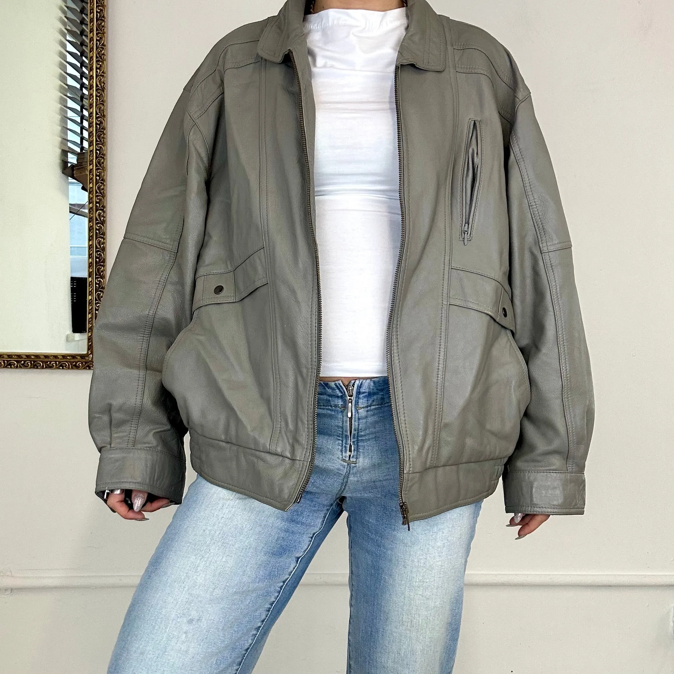vintage grey leather bomber jacket