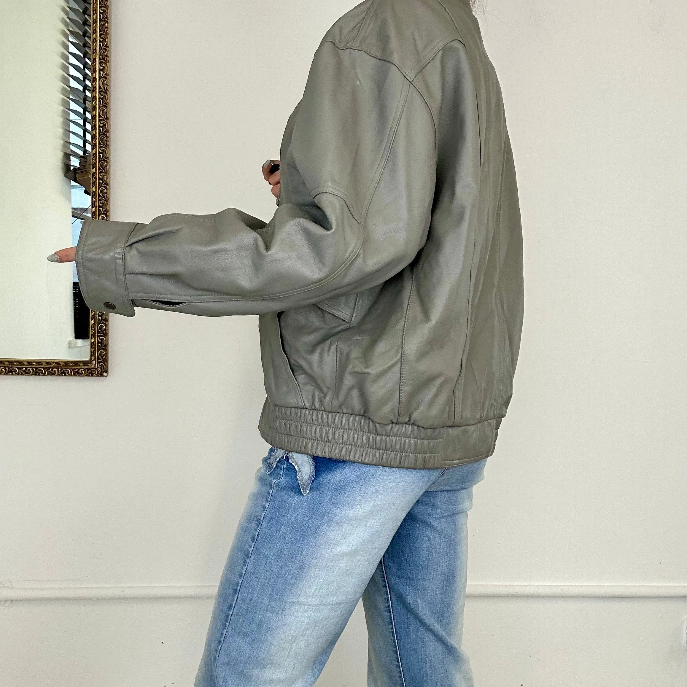 vintage grey leather bomber jacket