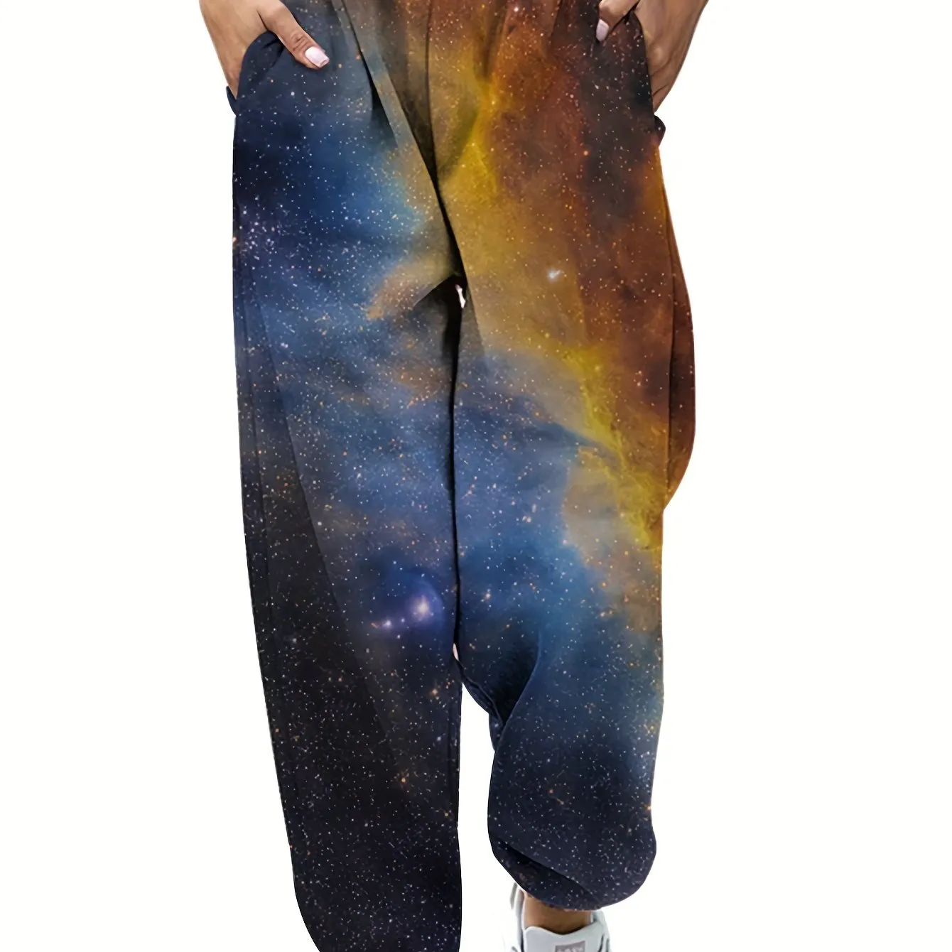 Women's Casual Galaxy Print Jogger Pants - Polyester Knit Fabric with Elastane - Loose Fit Fall/Winter Sweatpants